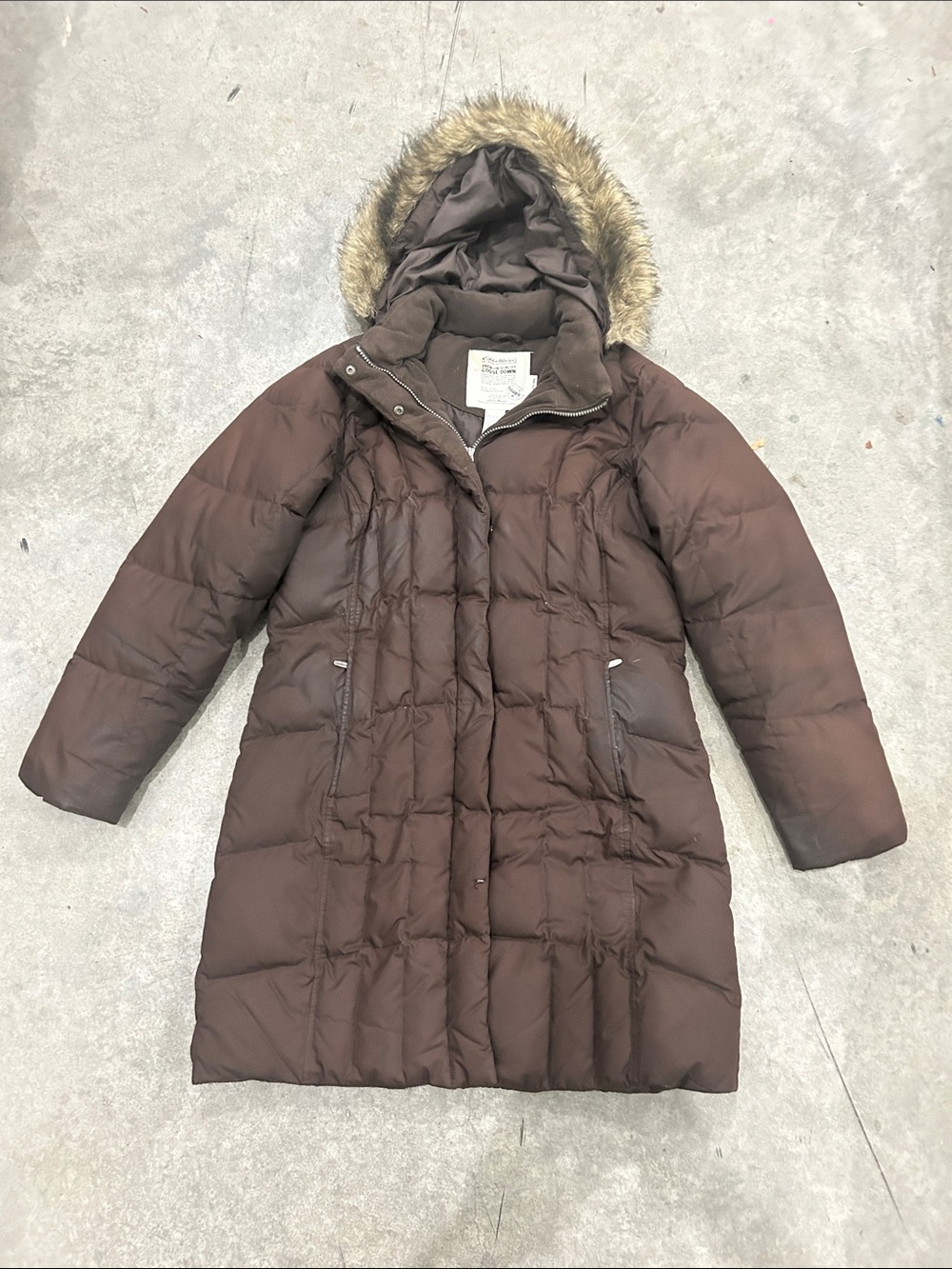 Eddie Bauer Women’s 700 Fill Goose Down Long Puffer Coat Brown Faux Fur Hood